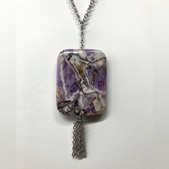 Genuine Flower Amethyst Pendant w Chain Tassel Necklace - Picture 3 of 4